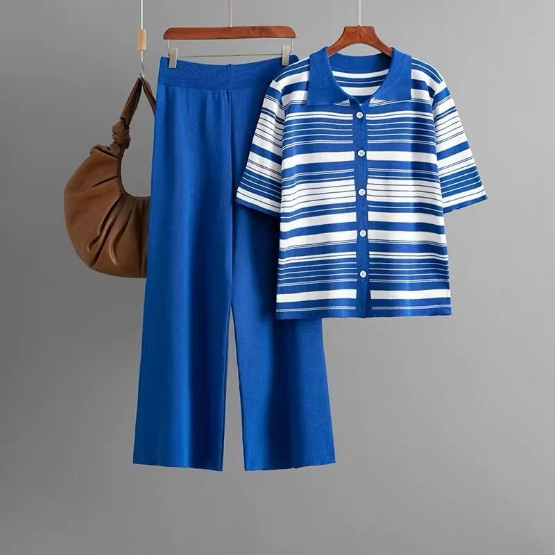 Ženski dvodijelni set: polo majica s prugama i visokim strukom, široke hlače, poliester, ljeto 2025