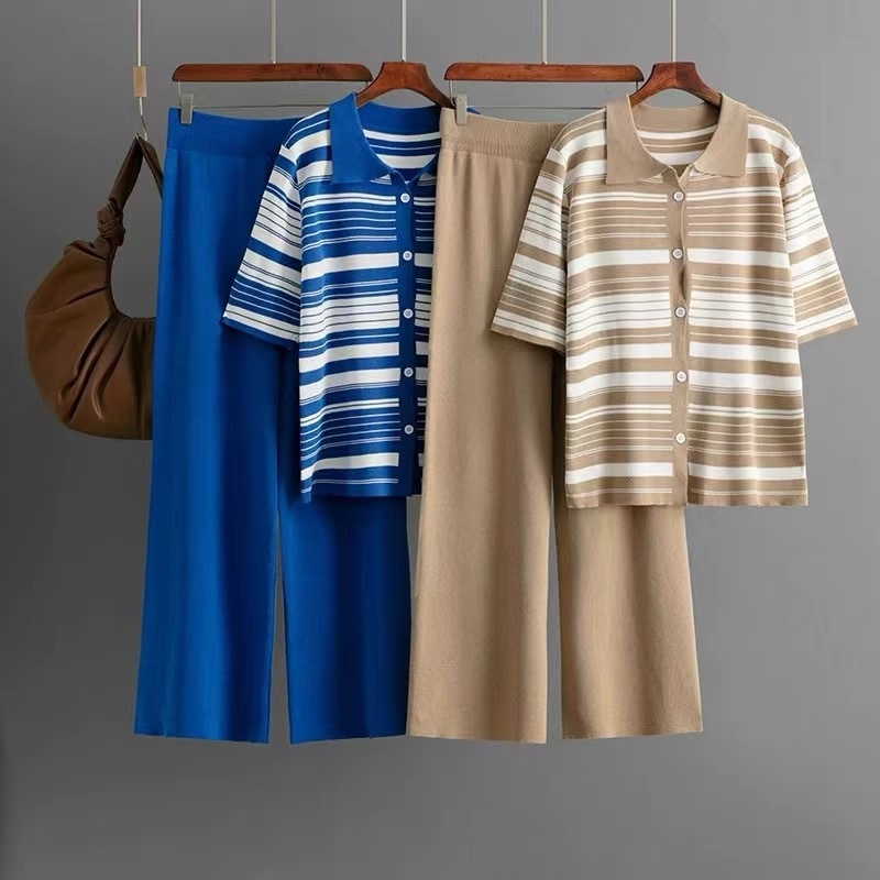 Ženski dvodijelni set: polo majica s prugama i visokim strukom, široke hlače, poliester, ljeto 2025