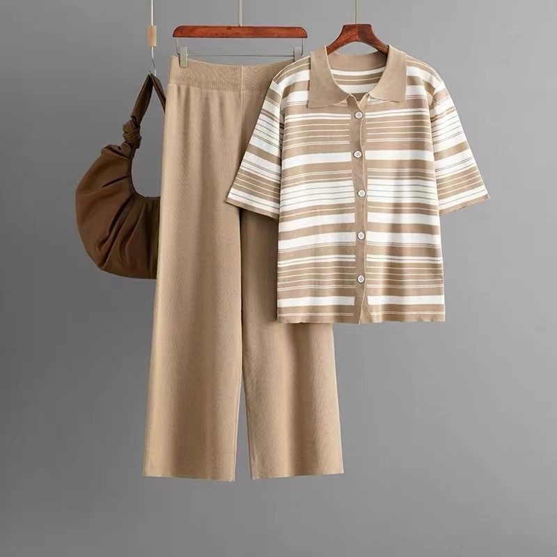 Ženski dvodijelni set: polo majica s prugama i visokim strukom, široke hlače, poliester, ljeto 2025