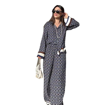 Ženski dvodijelni kostim s tiskom i košulom dugih rukava te visokim strukom hlača, ljeto 2024, poliester 95%+