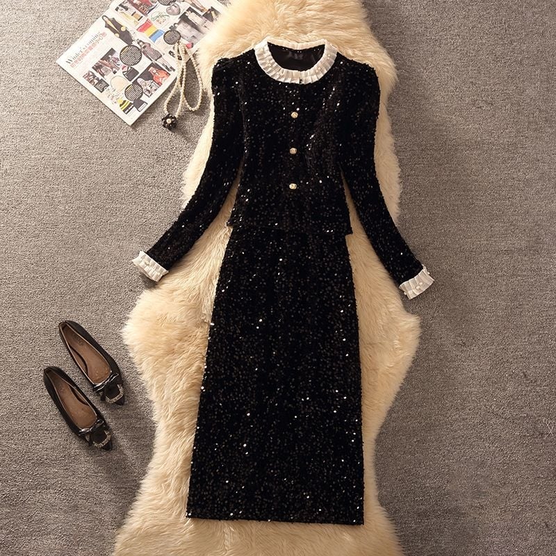 Ženski kostim s suknjom – Mercerizirani poliester-elastan, kratka suknja, dugi rukavi s princepskim krojem, 2025 ljeto