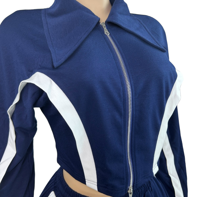 Ženski dvodijelni kostim s patchwork prugastim topom na zip i širokim hlačama od twill tkanine (Poliester 90–95%, Elastan <30%)