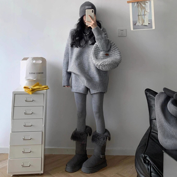 Dvostruki pleteni set: džemper s dugim rukavima + hlače do tri četvrtine, poliester, jednobojni lazy stil, japansko-korejski ležerni stil, zima 2025