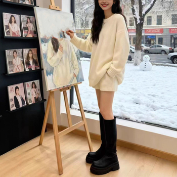 Dvostruki pleteni set: džemper s dugim rukavima + hlače do tri četvrtine, poliester, jednobojni lazy stil, japansko-korejski ležerni stil, zima 2025