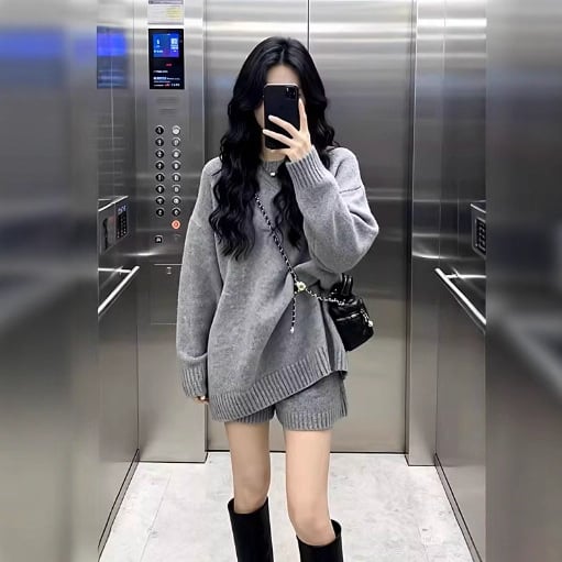 Dvostruki pleteni set: džemper s dugim rukavima + hlače do tri četvrtine, poliester, jednobojni lazy stil, japansko-korejski ležerni stil, zima 2025