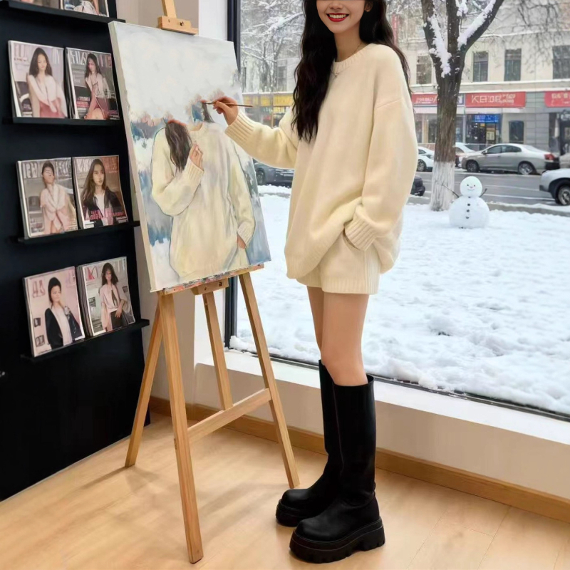 Dvostruki pleteni set: džemper s dugim rukavima + hlače do tri četvrtine, poliester, jednobojni lazy stil, japansko-korejski ležerni stil, zima 2025