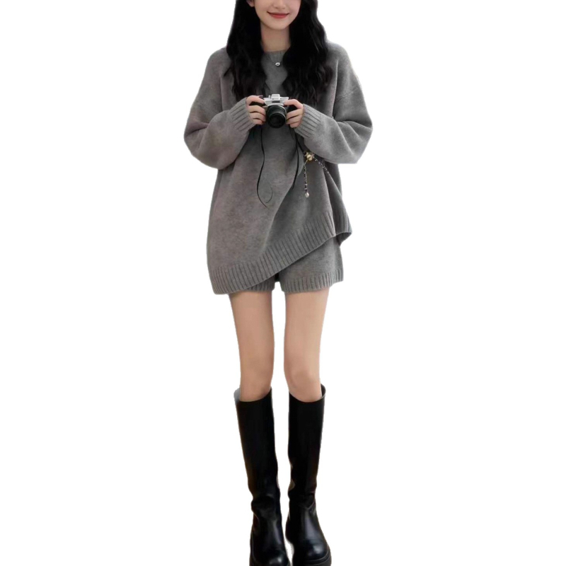 Dvostruki pleteni set: džemper s dugim rukavima + hlače do tri četvrtine, poliester, jednobojni lazy stil, japansko-korejski ležerni stil, zima 2025