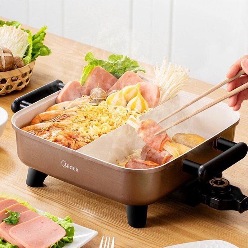 Midea električna posuda s više funkcija – nehrđajući čelik, 1200–1500W, mehaničko upravljanje, funkcije: prženje, dinstanje, kuhanje i hot pot