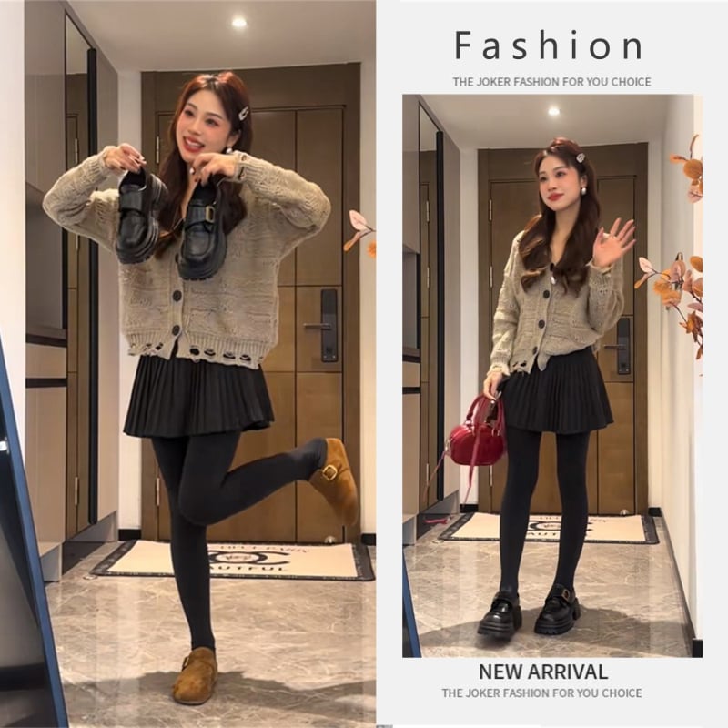 Dvodjelni set: opušteni pleteni kardigan s ovratnikom i plisirana suknja visokog struka, poliester, jesen 2025, elegantan poslovni stil