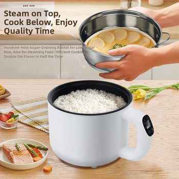 Viacúčelový elektrický hrniec na varenie, kapacita do 2 L, pre 2–3 osoby; vnútorný hrniec z hliníkovej zliatiny; riadenie mikroprocesorom a tlačidlami; funkcie: rýchly parný var, bez výberu hrncov, gril a shabu-shabu.