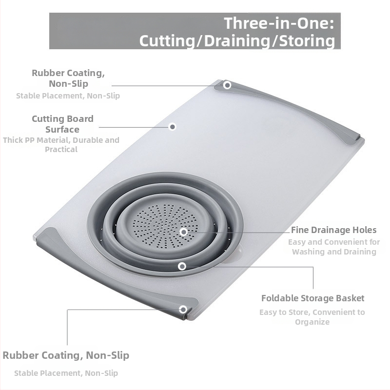 Kuhinjska daska za rezanje sa sklapanim odvajanjem viška vode — dvostruka funkcija, PP+TPR, moderan minimalistički dizajn