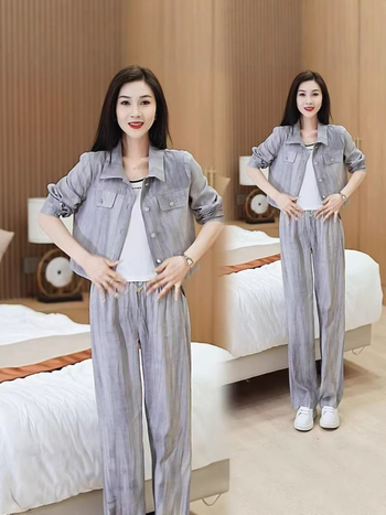 Ženski dvodijelni komplet za jesen: košulа s dugim rukavima i vanjski dio uz široke hlače, bez nabiranja, poliester s 80–90% spandeksa