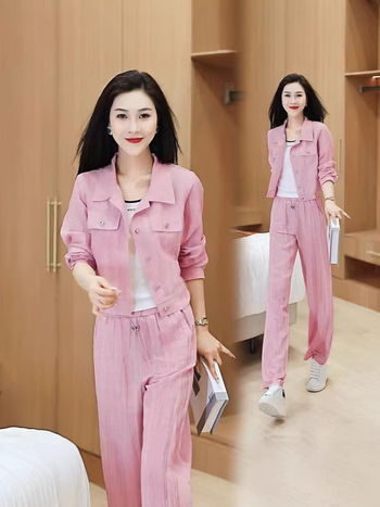 Ženski dvodijelni komplet za jesen: košulа s dugim rukavima i vanjski dio uz široke hlače, bez nabiranja, poliester s 80–90% spandeksa