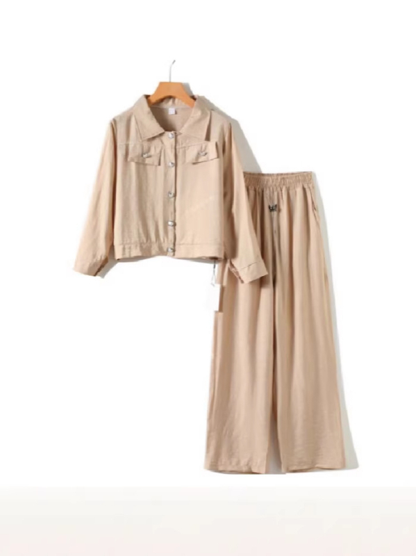 Ženski dvodijelni komplet za jesen: košulа s dugim rukavima i vanjski dio uz široke hlače, bez nabiranja, poliester s 80–90% spandeksa