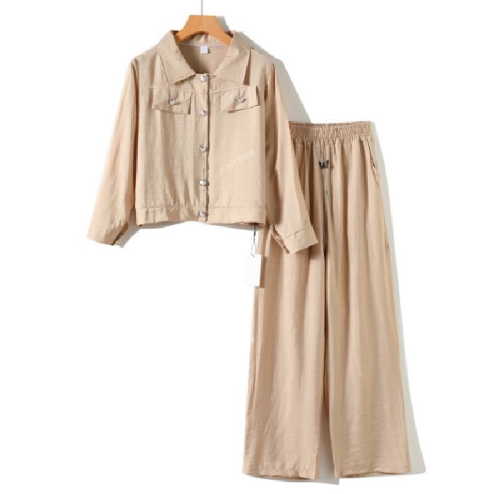 Ženski dvodijelni komplet za jesen: košulа s dugim rukavima i vanjski dio uz široke hlače, bez nabiranja, poliester s 80–90% spandeksa