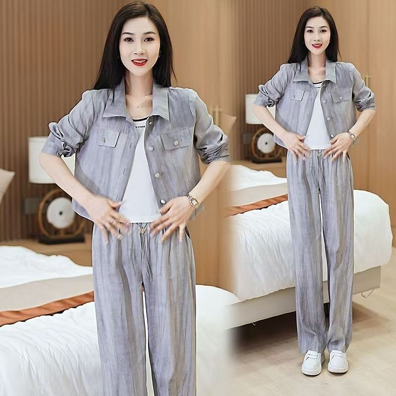 Ženski dvodijelni komplet za jesen: košulа s dugim rukavima i vanjski dio uz široke hlače, bez nabiranja, poliester s 80–90% spandeksa