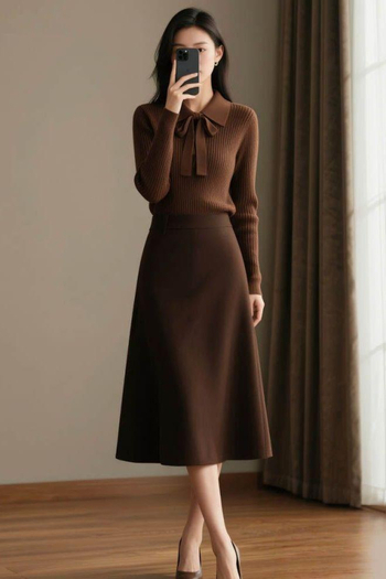 Lolita stil dvodijelni set — top s dugim rukavima i suknja srednje duljine, ovčja vuna, PVC glavni materijal, s oznakom na ovratniku