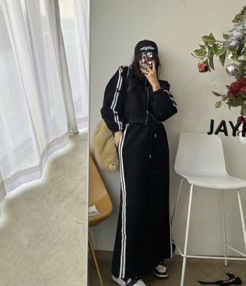 Ženski dvodijelni kostim: kratki cardigan sa stojećim ovratnikom i prugastim uzorom te vitka dugačka suknja visokog struka; Chenille tkanina s elastanom; glavni udio tkanine <30%.