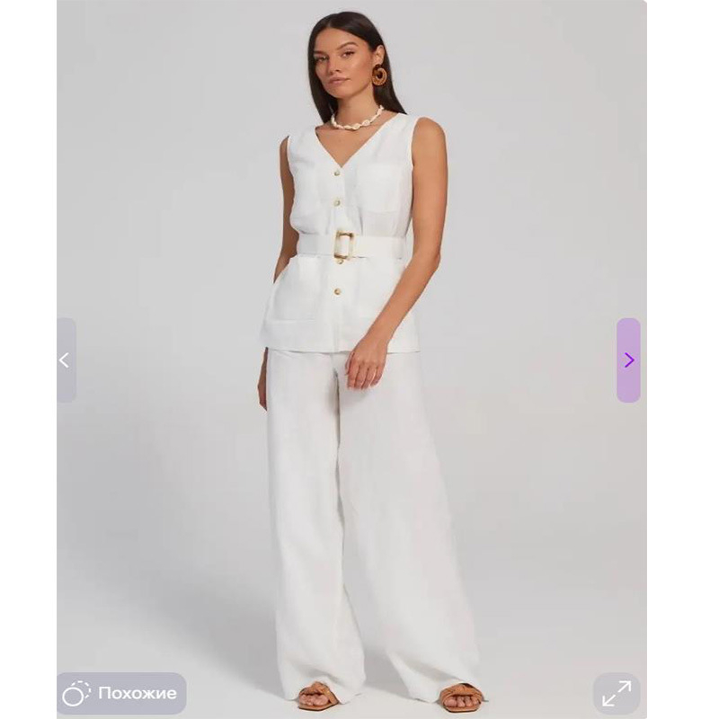 Set hlača i bezrukavni prsluk s patchworkom od pamuk-lin, Ramie 90-95%, ljeto 2024, ženski slobodno vrijeme