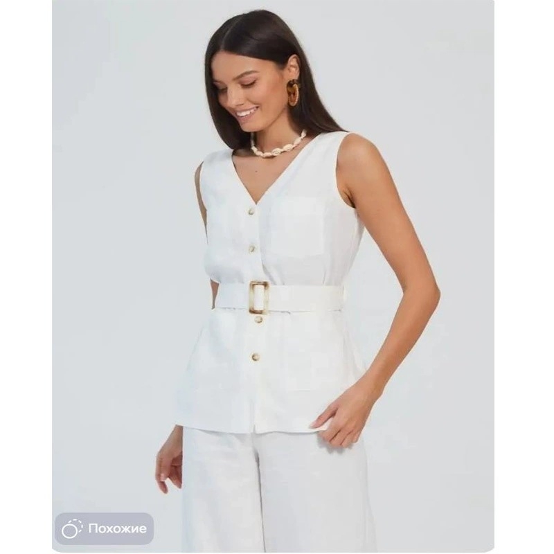 Set hlača i bezrukavni prsluk s patchworkom od pamuk-lin, Ramie 90-95%, ljeto 2024, ženski slobodno vrijeme