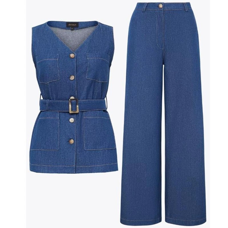 Set hlača i bezrukavni prsluk s patchworkom od pamuk-lin, Ramie 90-95%, ljeto 2024, ženski slobodno vrijeme