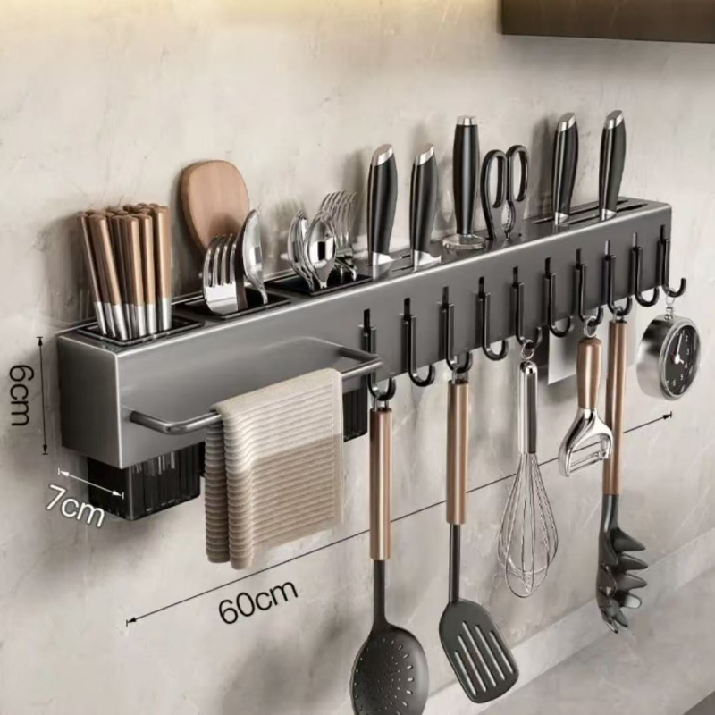 Кухненски стенен рафт с държач за чинии и ножове, мултифункционален, от въглеродна стомана, без пробиване, държач за клечки, дренажна поставка