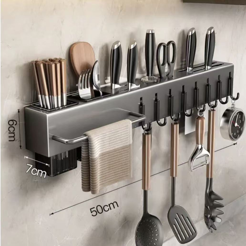 Кухненски стенен рафт с държач за чинии и ножове, мултифункционален, от въглеродна стомана, без пробиване, държач за клечки, дренажна поставка