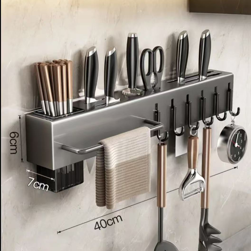 Кухненски стенен рафт с държач за чинии и ножове, мултифункционален, от въглеродна стомана, без пробиване, държач за клечки, дренажна поставка