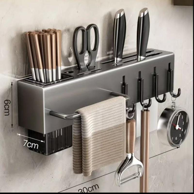 Кухненски стенен рафт с държач за чинии и ножове, мултифункционален, от въглеродна стомана, без пробиване, държач за клечки, дренажна поставка
