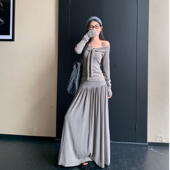 Ženski dvodijelni set: top s jednim ramenom i drapirana suknja visokog struka; kašmir tkanina s PVC glavnim materijalom; dugi rukavi; Lolita stil; proljeće 2025