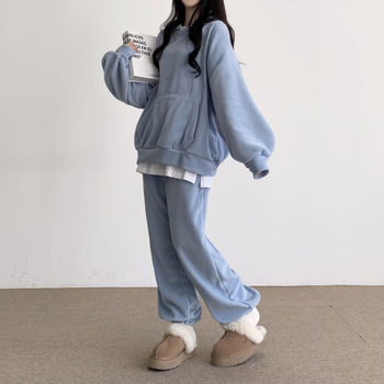 Ženski dvodijelni komplet s kapuljačom i hlačama, poliester-elastan smjesa, 90–95% poliester, elastan <30%, zimski opušten stil inspiriran korejskim i japanskim stilom