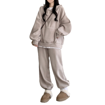 Ženski dvodijelni komplet s kapuljačom i hlačama, poliester-elastan smjesa, 90–95% poliester, elastan <30%, zimski opušten stil inspiriran korejskim i japanskim stilom