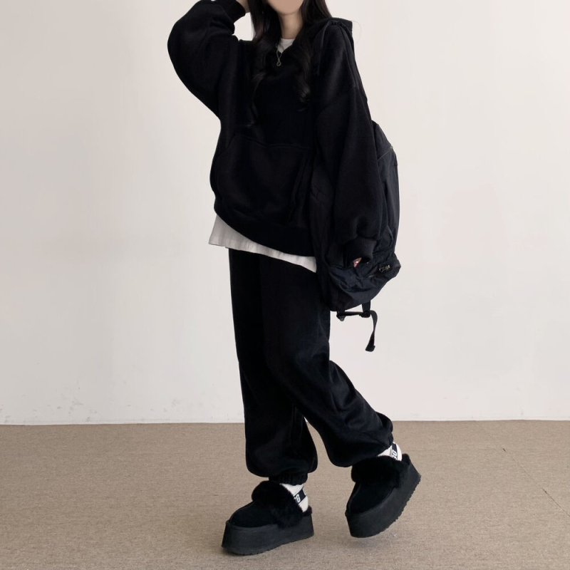 Ženski dvodijelni komplet s kapuljačom i hlačama, poliester-elastan smjesa, 90–95% poliester, elastan <30%, zimski opušten stil inspiriran korejskim i japanskim stilom