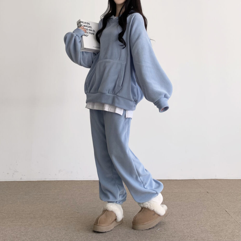 Ženski dvodijelni komplet s kapuljačom i hlačama, poliester-elastan smjesa, 90–95% poliester, elastan <30%, zimski opušten stil inspiriran korejskim i japanskim stilom
