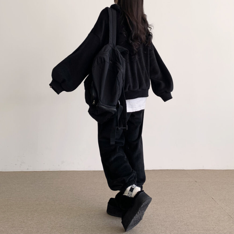 Ženski dvodijelni komplet s kapuljačom i hlačama, poliester-elastan smjesa, 90–95% poliester, elastan <30%, zimski opušten stil inspiriran korejskim i japanskim stilom