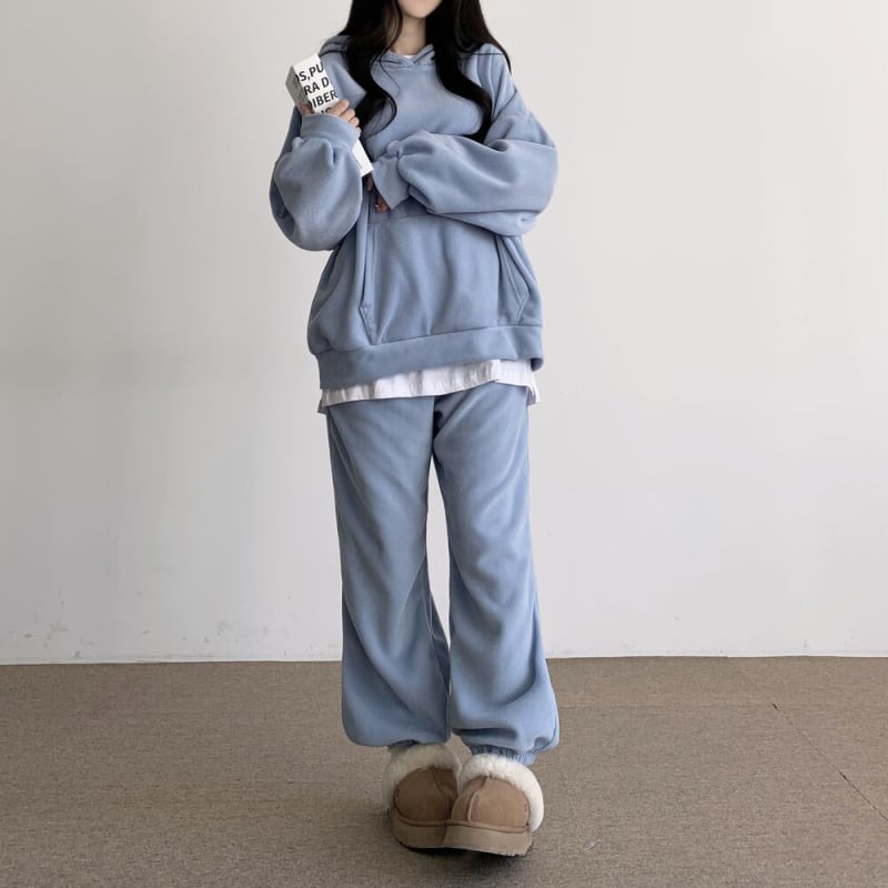Ženski dvodijelni komplet s kapuljačom i hlačama, poliester-elastan smjesa, 90–95% poliester, elastan <30%, zimski opušten stil inspiriran korejskim i japanskim stilom