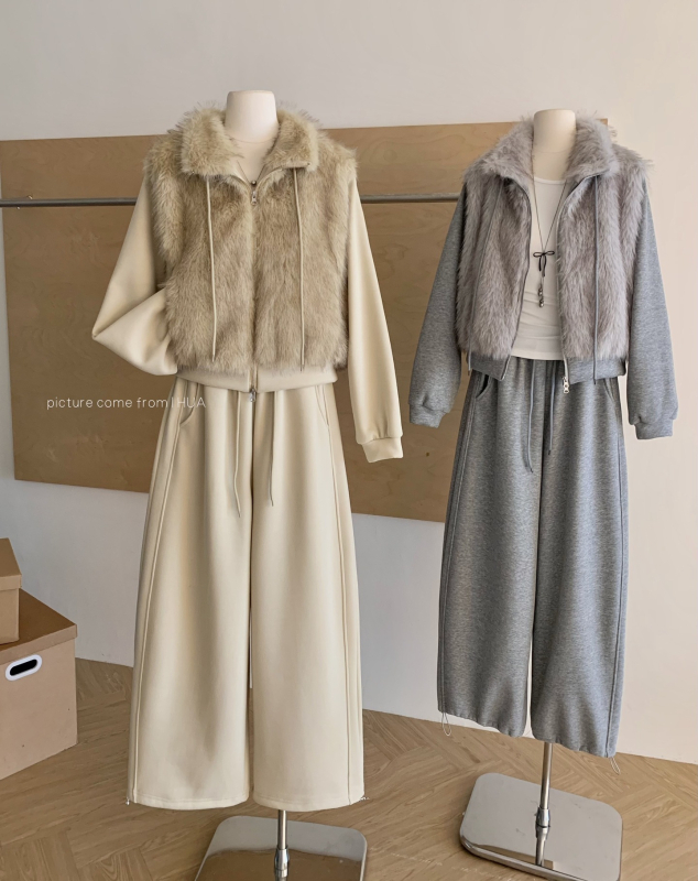 Ženski dvodijelni set u korejskom stilu: hoodie s kapuljačom i zatvaračem te patchwork od krzna, hlače s elastičnim pojasom