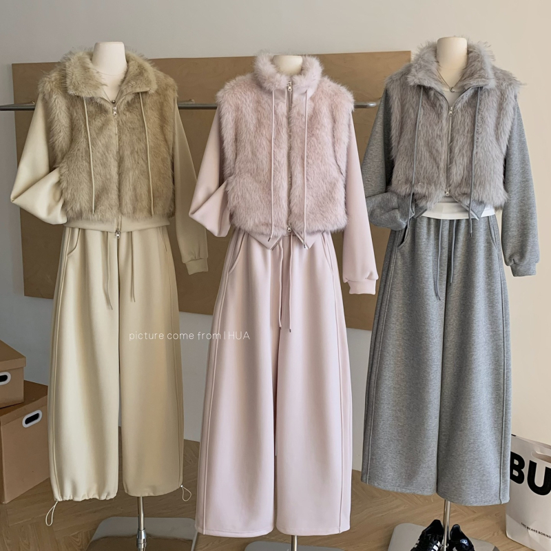 Ženski dvodijelni set u korejskom stilu: hoodie s kapuljačom i zatvaračem te patchwork od krzna, hlače s elastičnim pojasom