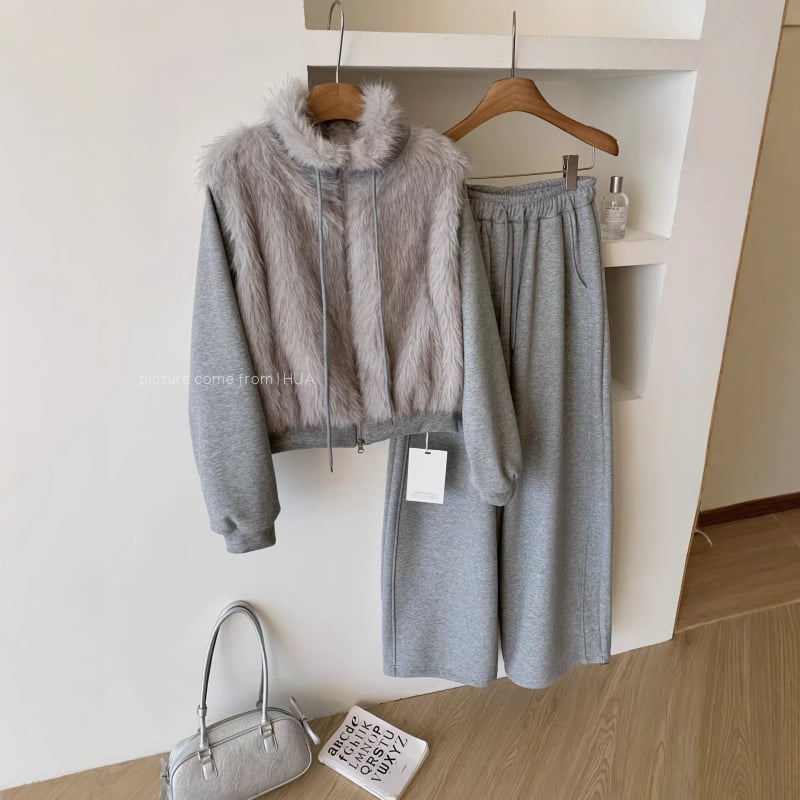 Ženski dvodijelni set u korejskom stilu: hoodie s kapuljačom i zatvaračem te patchwork od krzna, hlače s elastičnim pojasom