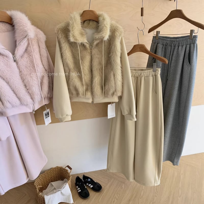 Ženski dvodijelni set u korejskom stilu: hoodie s kapuljačom i zatvaračem te patchwork od krzna, hlače s elastičnim pojasom