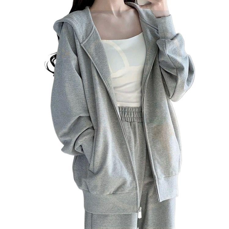 Ženski casual sportski set s kapuljačom i širokim hlačama, dvodijelni set, PVC tkanina s sjajem svile, princeza rukav, proljeće 2025 (Proljeće 2025; PVC tkanina; svilen sjaj; rukav princeze; Top Set)