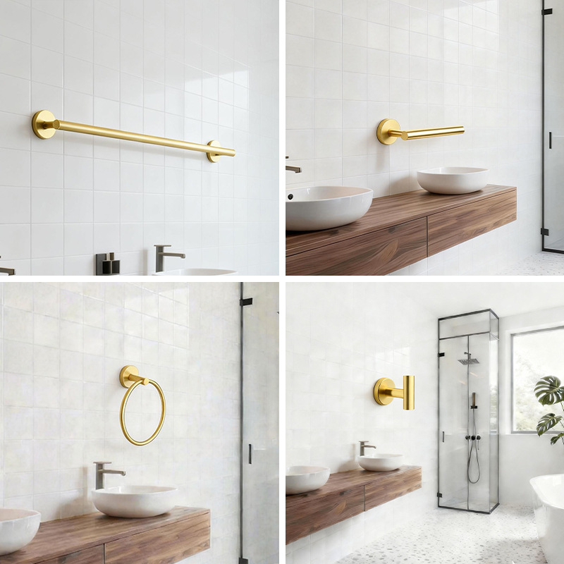 Kupaonski set od četiri komada od nehrđajućeg čelika s kromiranim premazom — zidni stalak za pohranu, vješalice, držač za toaletni papir, držač ručnika