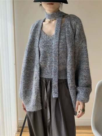 V-izrez veste + vezani pleteni kardigan s vrpcom, dvodijelni set, poliester pleteni materijal, 50-70% sadržaja poliester, jednobojna boja, jesen 2025