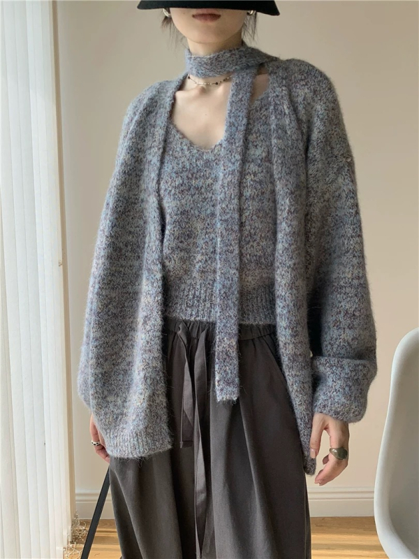 V-izrez veste + vezani pleteni kardigan s vrpcom, dvodijelni set, poliester pleteni materijal, 50-70% sadržaja poliester, jednobojna boja, jesen 2025