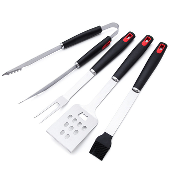 Set de unelte pentru grătar din oțel inoxidabil – clemă, perie, furculiță și lopată; design modern minimalist pentru exterior