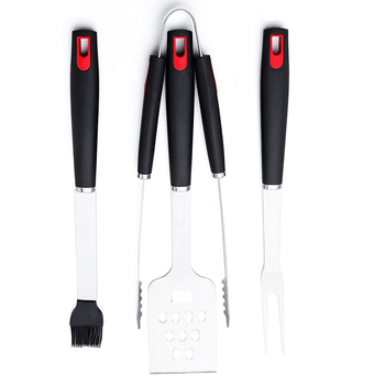 Set de unelte pentru grătar din oțel inoxidabil – clemă, perie, furculiță și lopată; design modern minimalist pentru exterior