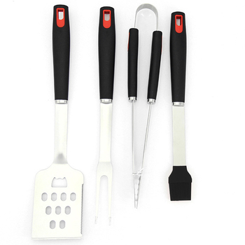 Set de unelte pentru grătar din oțel inoxidabil – clemă, perie, furculiță și lopată; design modern minimalist pentru exterior