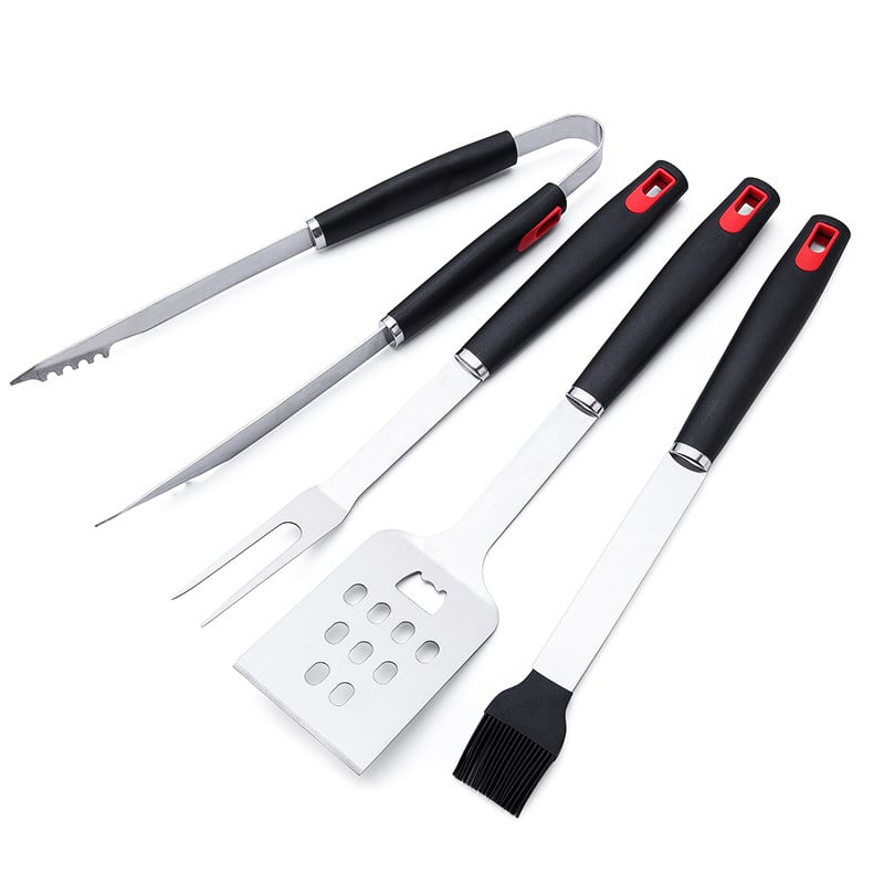 Set de unelte pentru grătar din oțel inoxidabil – clemă, perie, furculiță și lopată; design modern minimalist pentru exterior