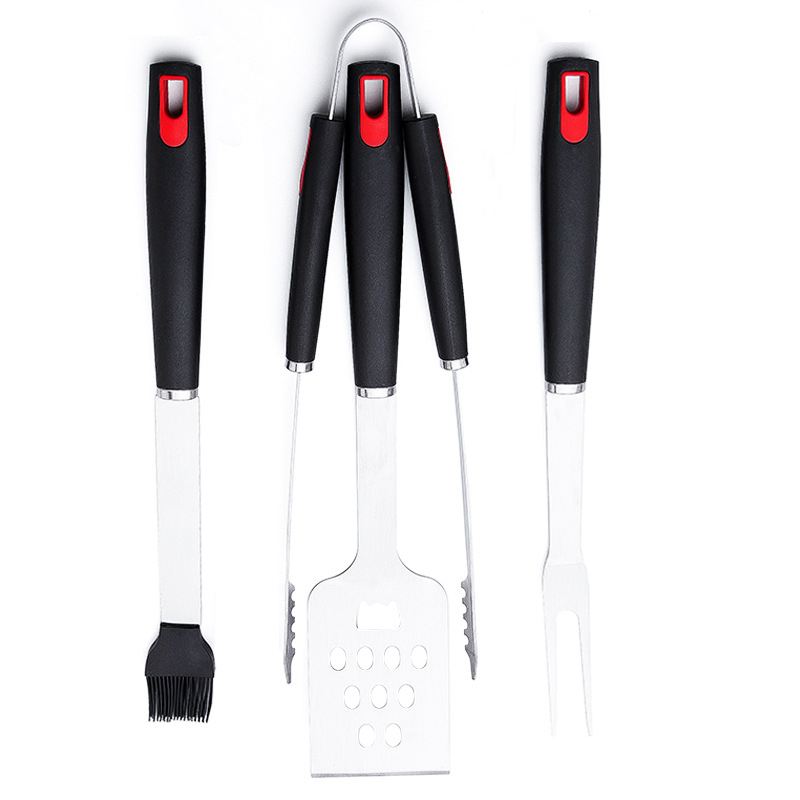 Set de unelte pentru grătar din oțel inoxidabil – clemă, perie, furculiță și lopată; design modern minimalist pentru exterior