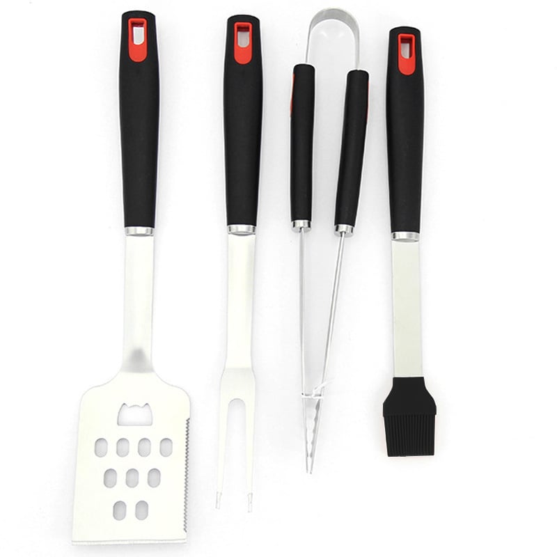Set de unelte pentru grătar din oțel inoxidabil – clemă, perie, furculiță și lopată; design modern minimalist pentru exterior